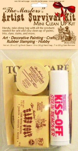 Masters Mini Clean-Up Survival Kit with brush cleaner, hand soap, and stain remover for artists and makeup enthusiasts.