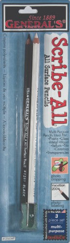 Scribe All Black & White grease pencils in blister pack, ideal for marking on various surfaces with clear, removable ink.