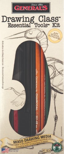 Generals Drawing Class Essential Tools Kit featuring graphite and charcoal pencils, pastel sticks, eraser, and sharpener.