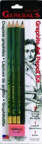 Premium 4-piece graphite pencil set with eraser, featuring smooth application and a range of grades for versatile drawing.
