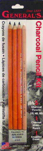 Set of premium charcoal pencils (2B, 4B, 6B) with Charcoal White pencil and kneaded eraser for artists.