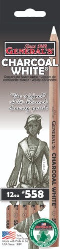 Charcoal Pencil White pack of 12 for artists, ideal for highlights, blending with charcoal and pastels, delivering vibrant results.