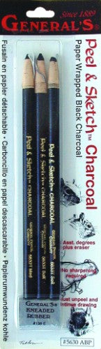 Peel & Sketch Charcoal set with soft, medium, and hard pencils, plus kneadable eraser for versatile drawing and shading.