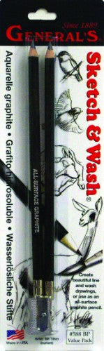 Two water-soluble graphite pencils with sharpener for sketching and creating washes of gray and black.