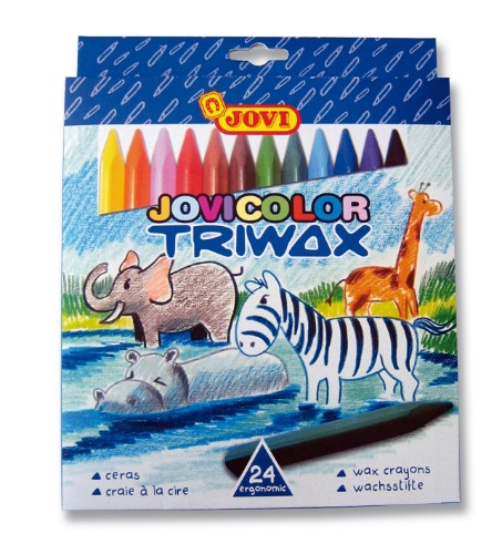 Jovi Triwax Crayon set of 24 vibrant colors, triangular shape for easy grip, perfect for young artists' creativity.