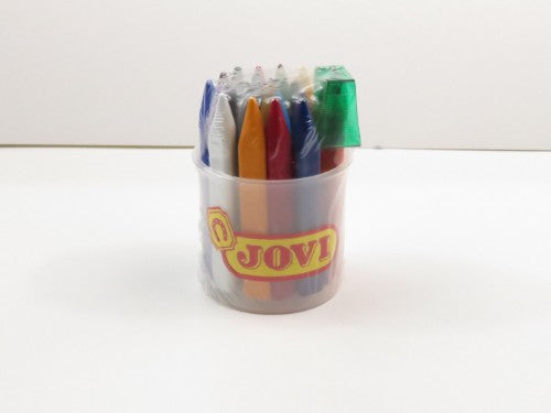 Jovi Triwax Crayon Jar 24 with 24 vibrant, non-toxic triangular crayons for kids' art projects and creativity.