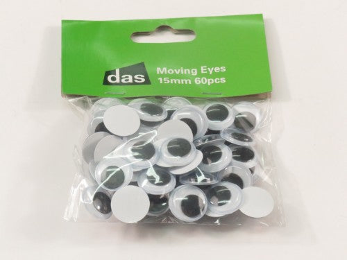 Pack of 60 self-adhesive 15mm moving googly eyes for arts and crafts, adding playful character to projects.