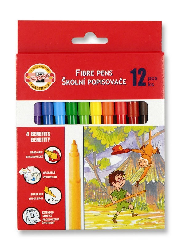 Koh-I-Noor Fibre Pens set of 12, featuring vibrant washable inks and ergonomic grip for comfortable, precise coloring.
