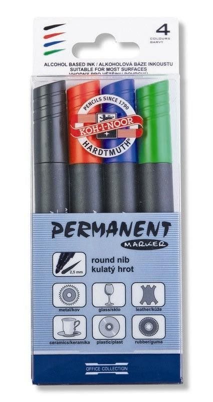 Koh-I-Noor Permanent Markers Round set featuring green, red, blue, and black markers with a 2.5mm round tip for precise lines.