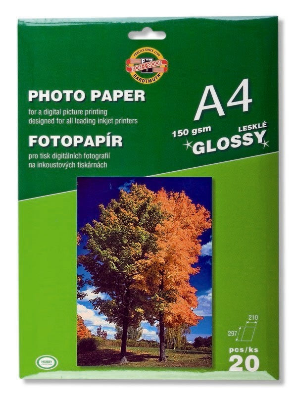 Koh-I-Noor Photopaper Gloss 150/20, premium glossy photo paper for vibrant prints, ideal for professionals and enthusiasts.
