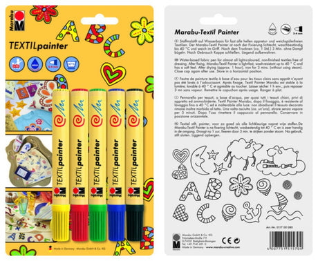 Set of 5 fabric markers with 2-4mm nibs in vibrant colors, designed for creating durable, washable designs on textiles.