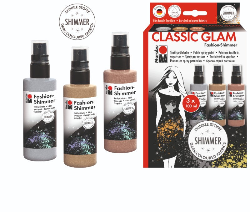 Fabric spray set with Shimmer Silver, Gold, and Copper for vibrant, shiny DIY fabric designs.