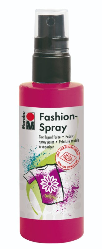 Marabu Fashion Spray 100ml in Raspberry, ideal for vibrant DIY textile projects on light fabrics.