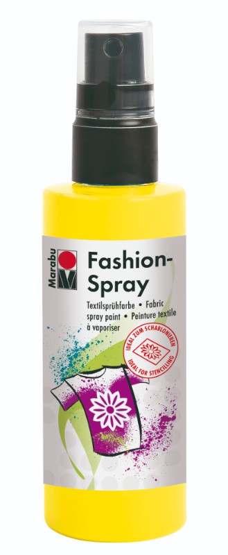 Vibrant 100ml Marabu Fashion Spray in Sunshine Yellow, perfect for transforming light-colored fabrics into personalized designs.