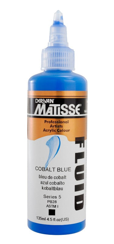 Matisse Fluid Acrylic Paint in Cobalt Blue, 135ml bottle, ideal for versatile mixing and vibrant artwork.