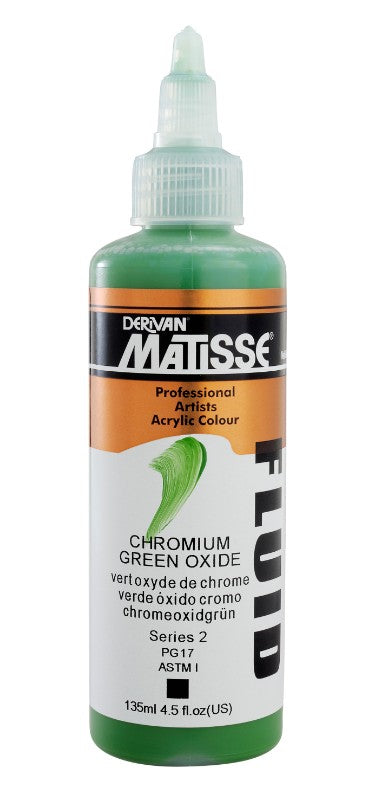 Matisse Fluid Acrylic Paint in Chrome Green Oxide, 135ml, features vibrant pigments ideal for detailed art and smooth application.