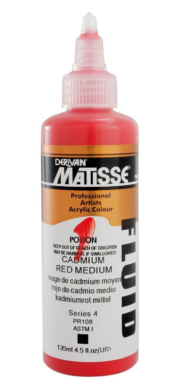 Matisse Fluid Acrylic Paint in Cadmium Red Medium, 135ml, features vibrant pigment and smooth consistency for blending.