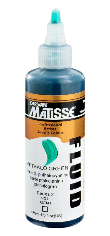 Matisse Fluid Acrylic Paint in Phthalo Green, 135ml, vibrant, highly pigmented, versatile for detailed or sweeping applications.