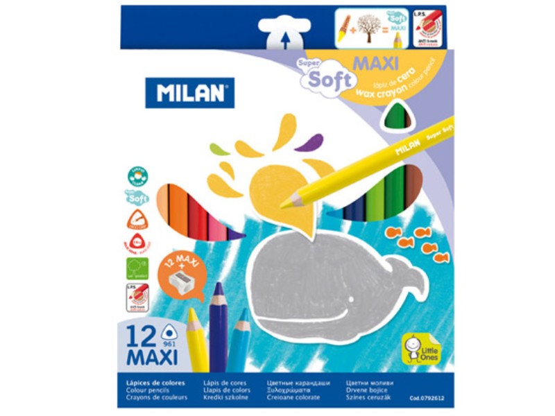Set of 12 Milan Super Soft Maxi Colour Pencils in vibrant colors, designed for smooth application and comfortable grip.