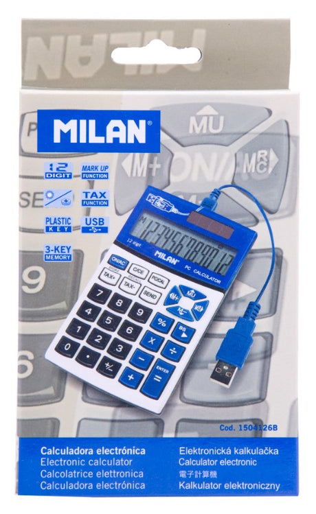 Milan PC calculator in blue, 12-digit display, compact size for portability, ideal for students and professionals.