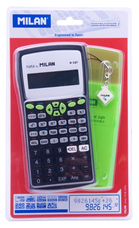 Milan Calculator 240 Function Scientific with large LCD, ideal for students and professionals in math and science calculations.
