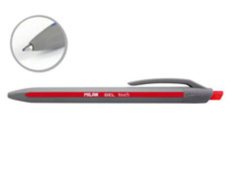 Milan P1 Touch Gel Pen in red, featuring a 0.7mm tip, rubber touch finish, and quick-drying ink for smudge-free writing.