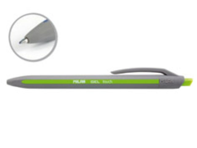 Milan P1 Touch Gel Pen in green with ergonomic grip and smooth 0.7mm tip for precise, neat writing.