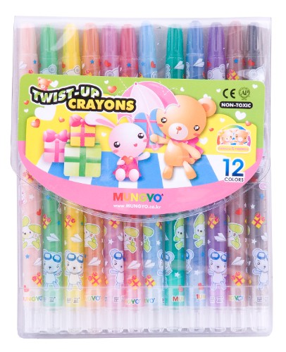 Mungyo Twist-Up Crayons 12 colors, non-toxic, mess-free design for easy creativity and vibrant artistry.