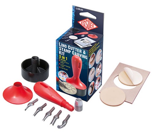 Essdee 3in1 Lino Stamp Carving Kit with ergonomic tools for creating custom prints and stamps on various materials.