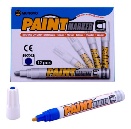 Mungyo Paint Marker in vibrant blue for artists, crafters; offers smooth, quick-drying, water-based color for various surfaces.