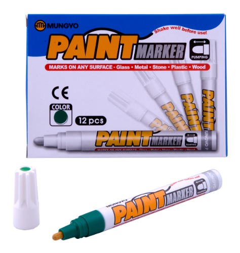 Mungyo Green Paint Marker: oil-based, vibrant color for metal, glass, plastic; durable nib for precise marking.
