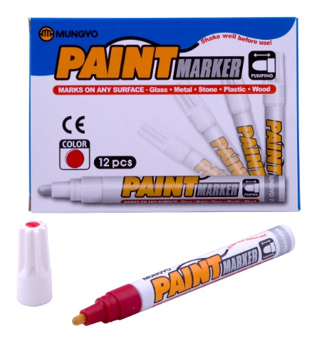 Mungyo Paint Marker in vibrant red, ideal for various surfaces with a durable nib and permanent, bold ink.