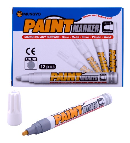 Mungyo Silver Paint Marker for versatile use on metal, glass, plastic, and stone; features durable nib and aluminum barrel.