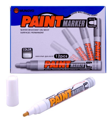 Mungyo Paint Marker White in an aluminum barrel, ideal for vibrant, permanent markings on various surfaces.