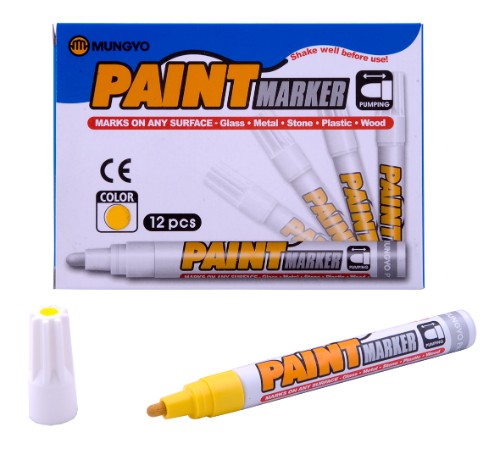 Mungyo Yellow Paint Marker, oil-based, versatile for metal, glass, and more, perfect for vibrant art and labeling.