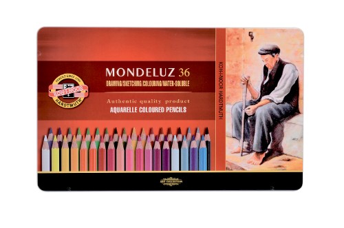 Set of 36 vibrant Mondeluz water-soluble colored pencils in a portable tin for blending and watercolor effects.