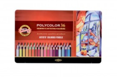 Set of 36 premium Polycolor colored pencils featuring vibrant pigments for detailed artistic projects.