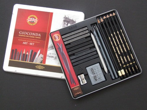 24-piece Gioconda Artist Sketching Set with pencils, charcoal, and accessories in a stylish, portable case.