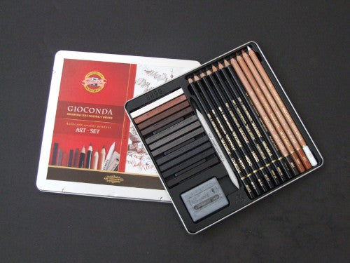 24-piece Gioconda Artist Sketching Set featuring graphite pencils, charcoal sticks, and essential drawing tools for creative exploration.