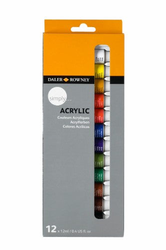 Dr Simply Acrylic 12x12ml Set featuring 12 vibrant colors in 12ml bottles, perfect for artists and DIY enthusiasts.