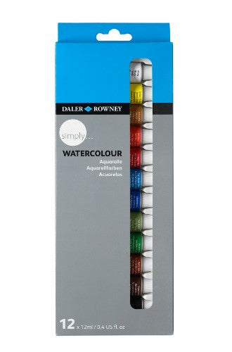 Dr Simply Watercolour 12x12ml Set with 12 vibrant, blendable colors for versatile painting on various surfaces.
