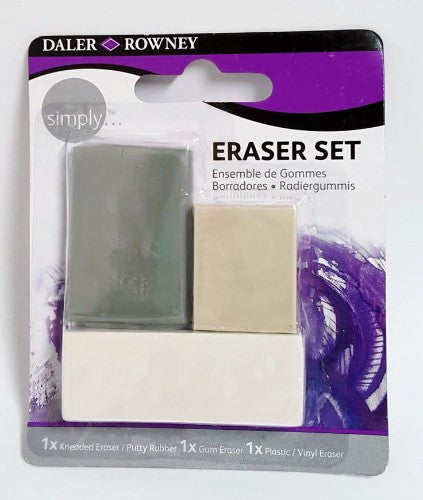 D-R Simply 3 Eraser Set includes kneaded, gum, and plastic erasers for precise, smudge-free drawing and writing.