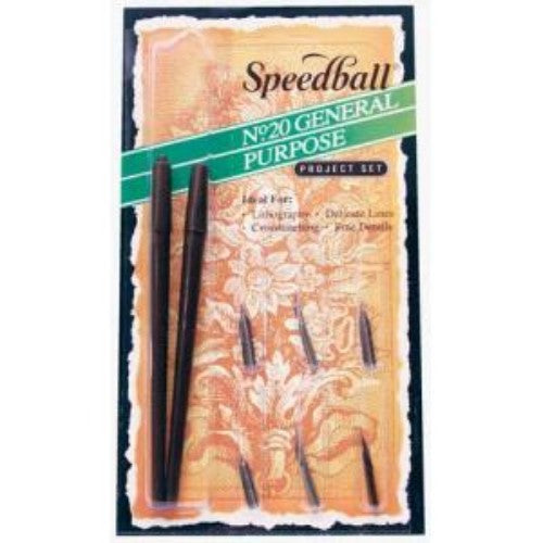 Speedball #20 Calligraphy Pen Set with 6 assorted nibs for fine lines and detailed artwork, perfect for artists and students.