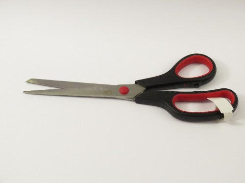 Red 9-inch soft-grip kids scissors with rounded tips for safe and easy cutting, ideal for arts and crafts.