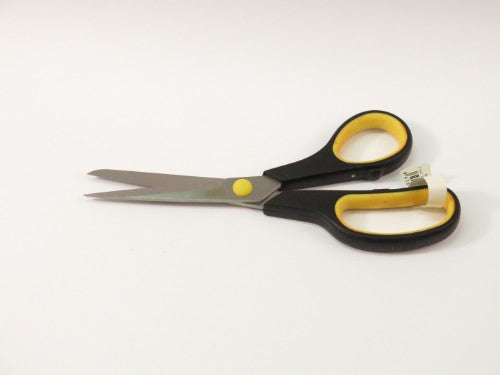 Vibrant yellow kids scissors with soft-grip handles, designed for small hands, ideal for arts and crafts activities.