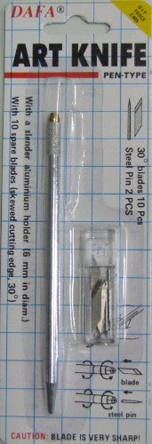 C-605 Art Knife features a 6mm aluminum grip, sharp 30° blade, 10 spare blades, and specialized tips for precision crafting.