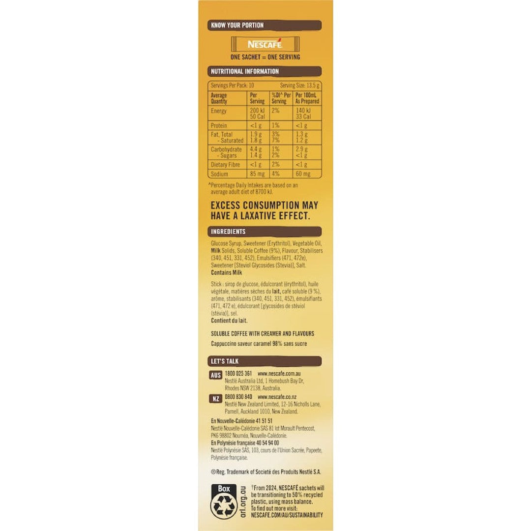 Nescafé Coffee Sachets 98% Sugar Free Caramel Latte 10pack 135g