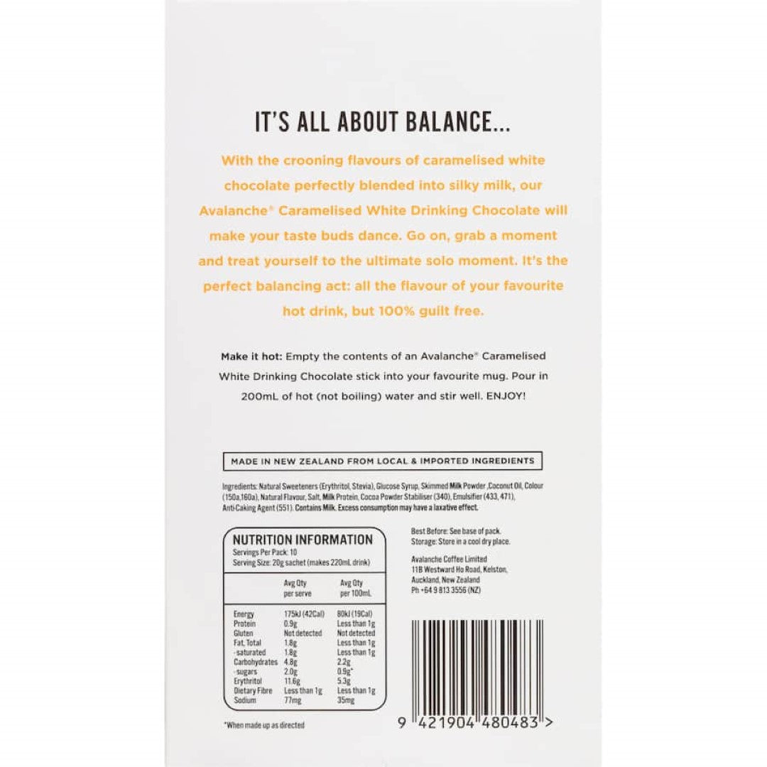 Avalanche Drinking Chocolate 99% Sugar Free White Chocolate 10 pack 200g