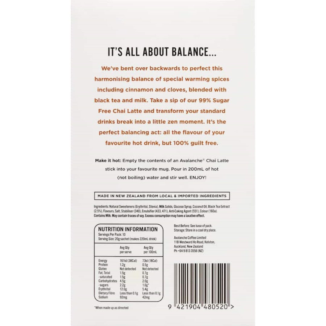 Avalanche Chai Latte 99% Sugar Free 10 pack 200g