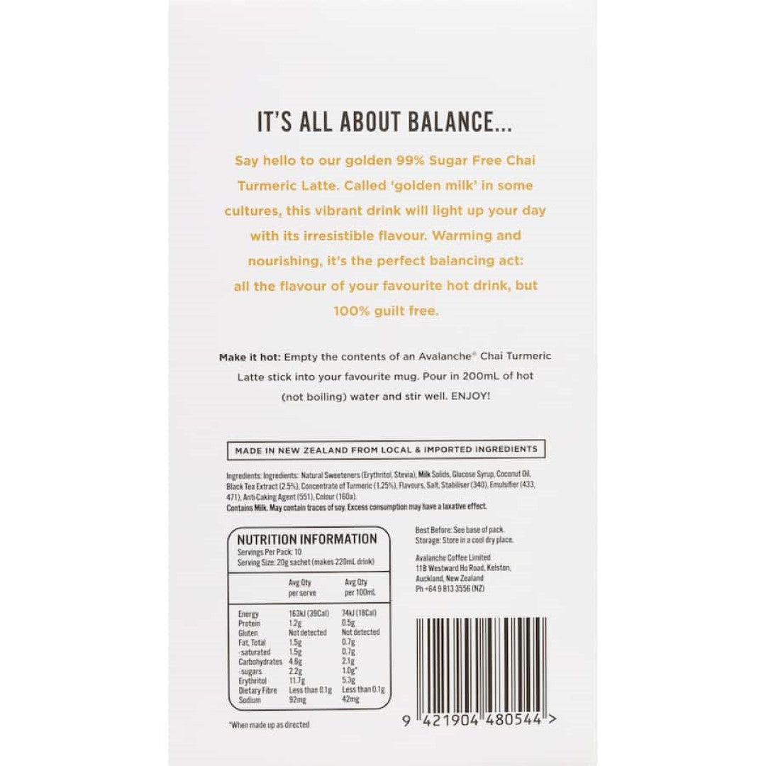 Avalanche Chai Turmeric Latte 99% Sugar Free 10 pack 200g